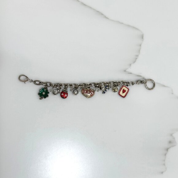 VTG AJMC Lucky Charm Bracelet Gambling Clover Lady Bug 7 Silve Tone Signed 7 in - Picture 1 of 11